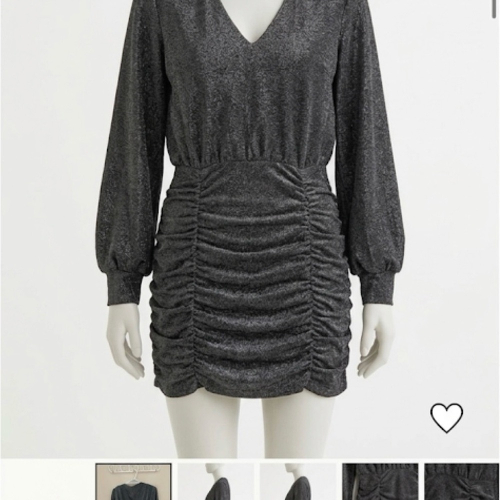 H&M Metallic Charcoal Ruched Long-Sleeve Mini Dress - Picture 2 of 3